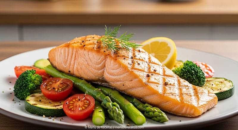Salmão grelhado com legumes