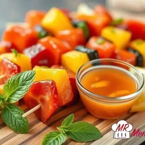 Espetinhos de frutas com molho agridoce
