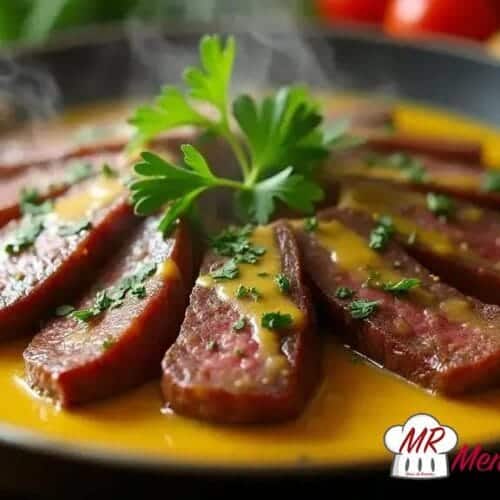 Iscas de carne ao molho mostarda