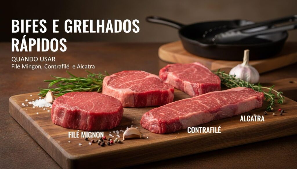 carnes de vaca, qual pedaço da carne certa para cada prato Bifes e Grelhados Rápidos: Quando Usar Filé Mignon, Contrafilé e Alcatra