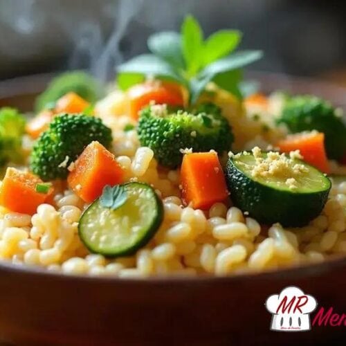 Risoto vegano com legumes ao vapor