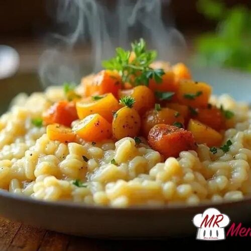 Risoto vegano com legumes crocantes