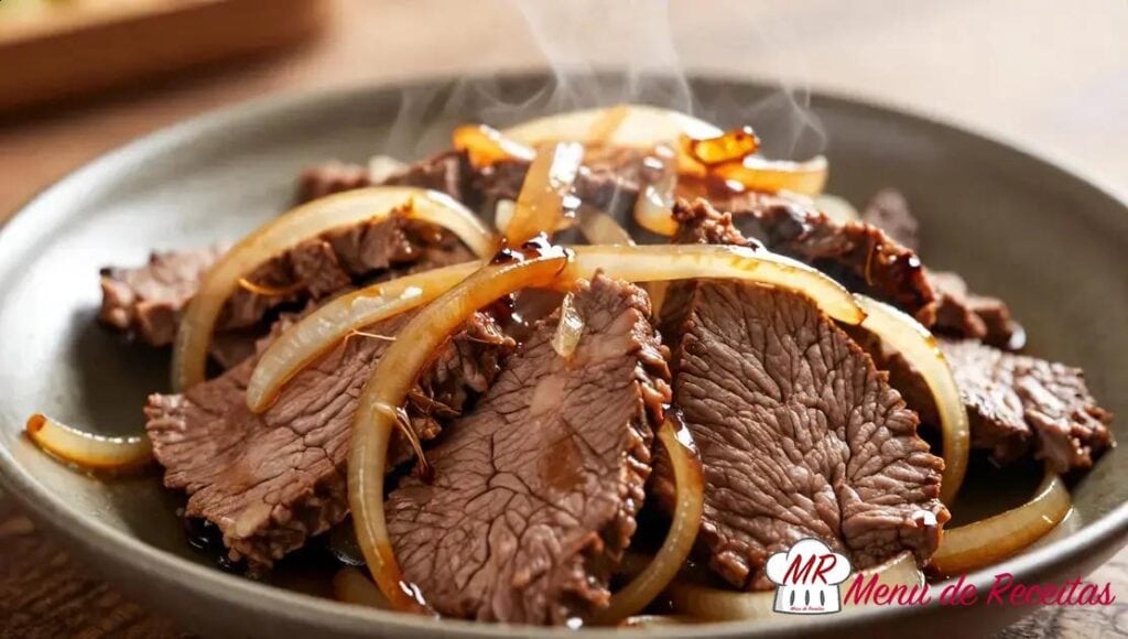 Carne com cebola caramelizada