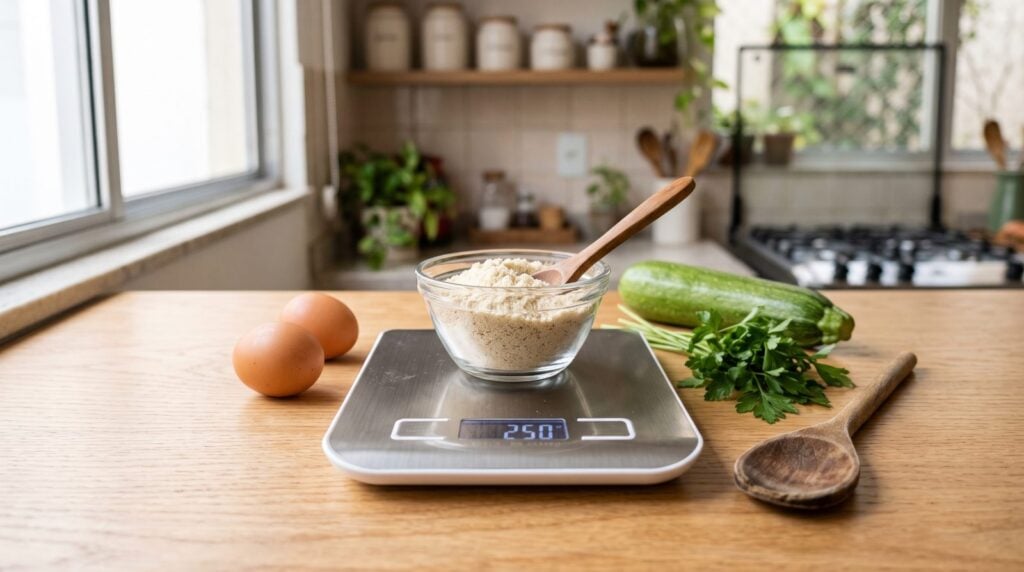 Balança de cozinha digital com plataforma de inox pesando farinha de amêndoas numa tigela de vidro, ao lado de ovos, abobrinha e salsinha